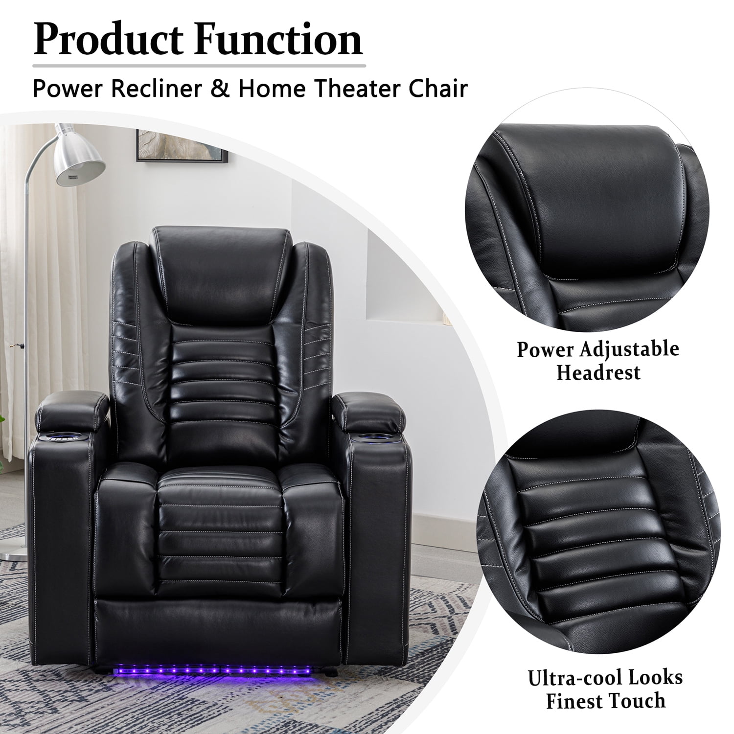 Kadyn Power Motion Recliner, PU Leather Recliner Chair with Adjustable Headrest, Modern Home Theater Seating with Hidden Arm Storage and Cup Holder Design, Black Kadyn Power Motion Recliner, PU Leather Recliner Chair with Adjustable Headrest, Modern Home Theater Seating with Hidden Arm Storage and Cup Holder Design, Black