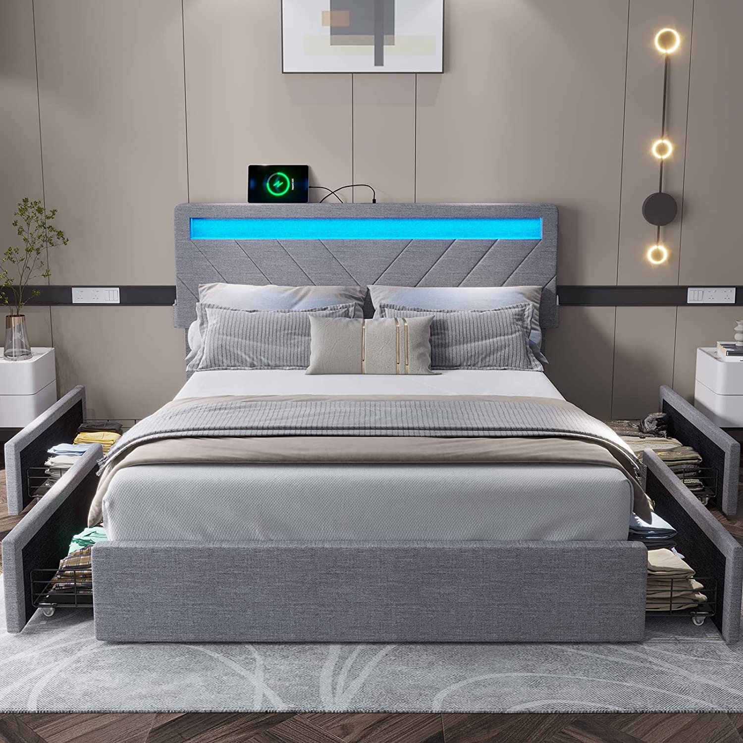 ADORNEVE Queen Size LED Bed Frame with Drawers, Upholstered Platform Bed with 2 USB Charging Station, No Box Spring Needed, Light Grey - image 5 of 8