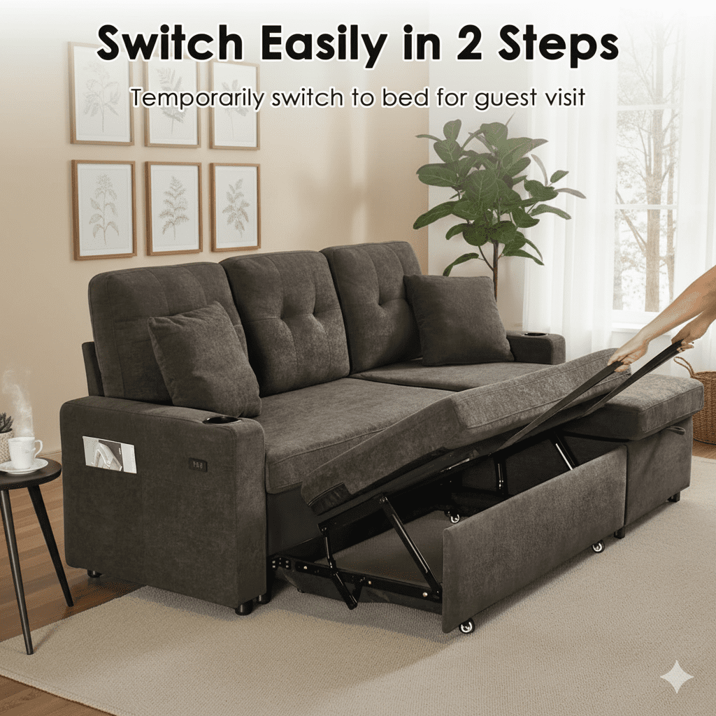 Convertible Sectional Sofa Bed, 82in Sleeper Sofa Bed with Storage Chaise for Living Room, Pull Out Couch L Shaped Sofa with USB Charging Port, Cup Holder, Removable Backrest, Teddy Fabric, Gray