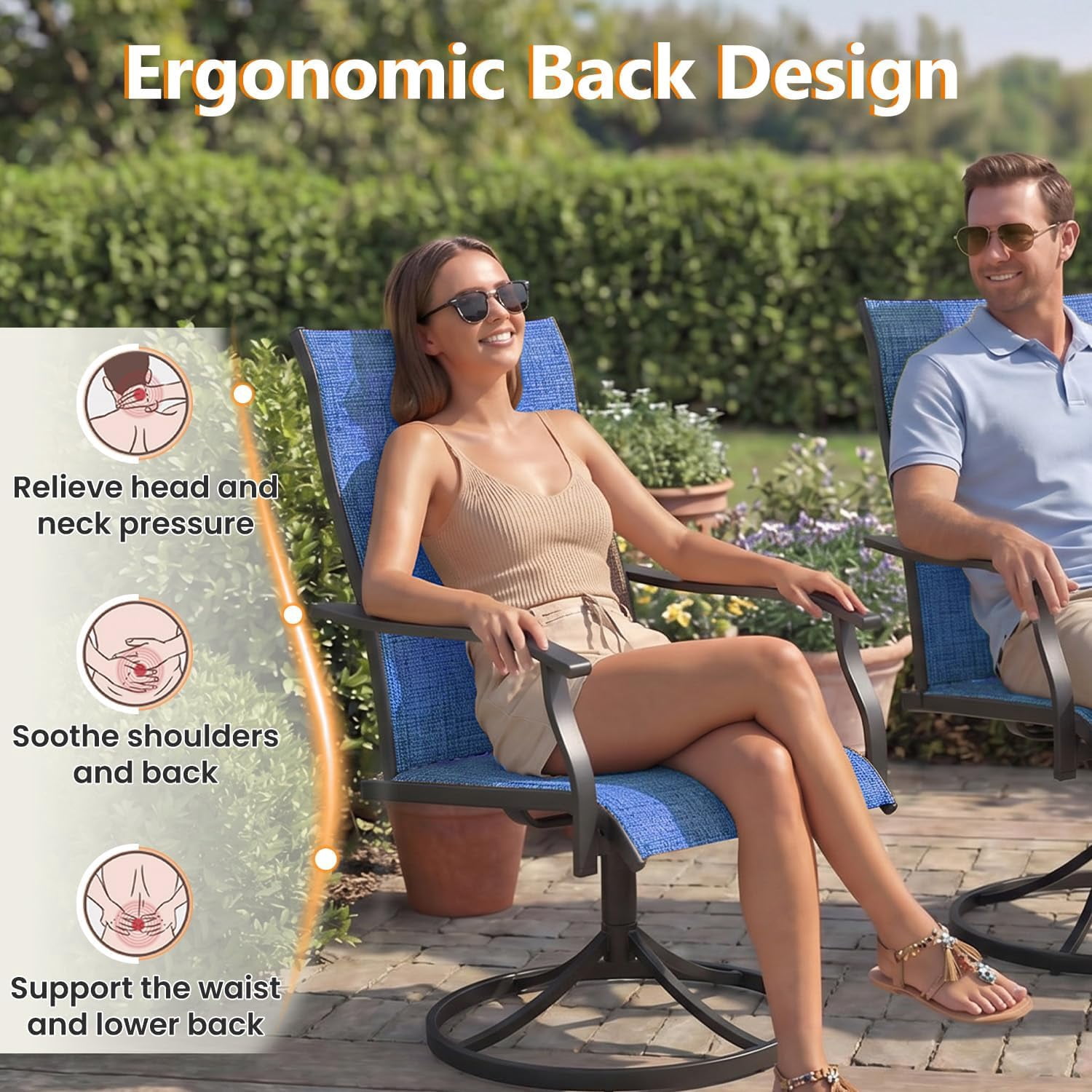 Erinnyees Patio Swing Dining Chairs Set of 2, Stackable Outdoor Swing Chairs, All Weather Breathable Textile, Heavy Duty Metal Frame Porch Chairs for Backyard, Lawn (Only Chairs, Blue, Set of 2)