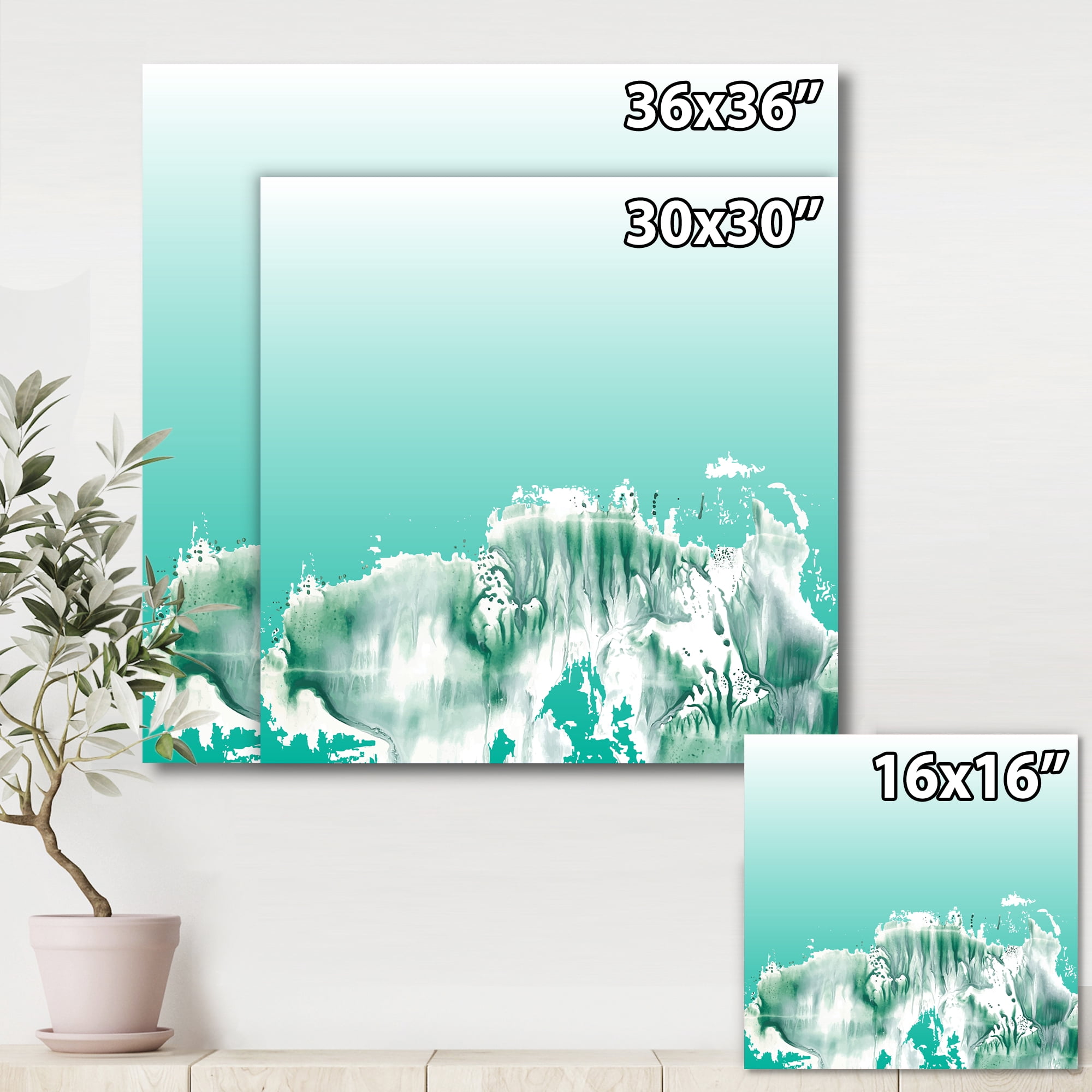Aquamarine Landscape Turquoise Splashes 30 in x 30 in Painting Canvas Art Print, by Designart