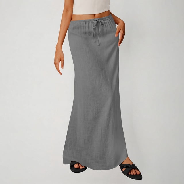 TaTaai Women's High Waist Maxi Skirt Solid Color Linen Feel Elastic Waist with Side Slit A-Line Casual Long Skirt Summer Gift