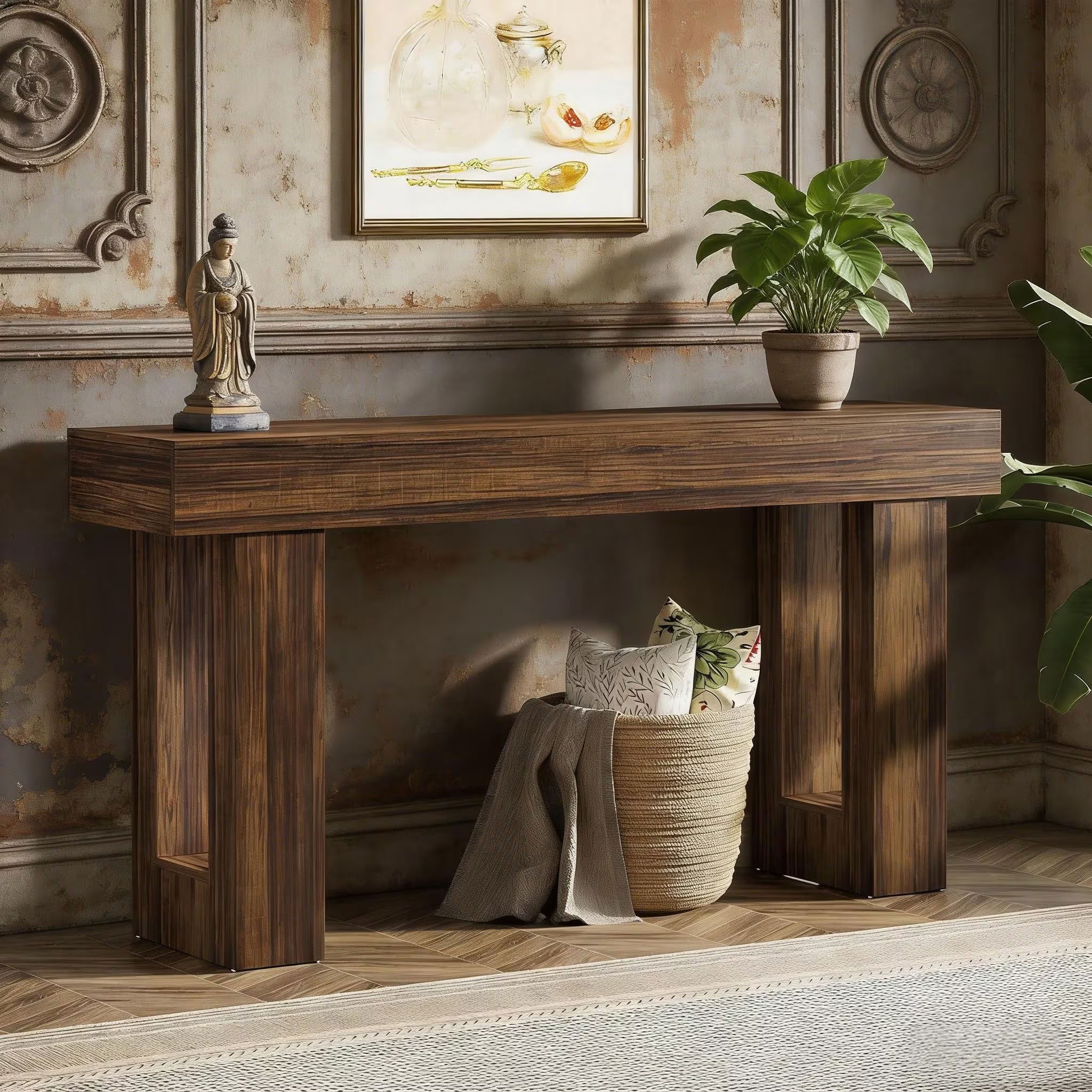 MAYEERTY 63 Inch Rustic Console Table, Farmhouse Wooden Table with Thick Legs for Entryway, Hallway, Living Room
