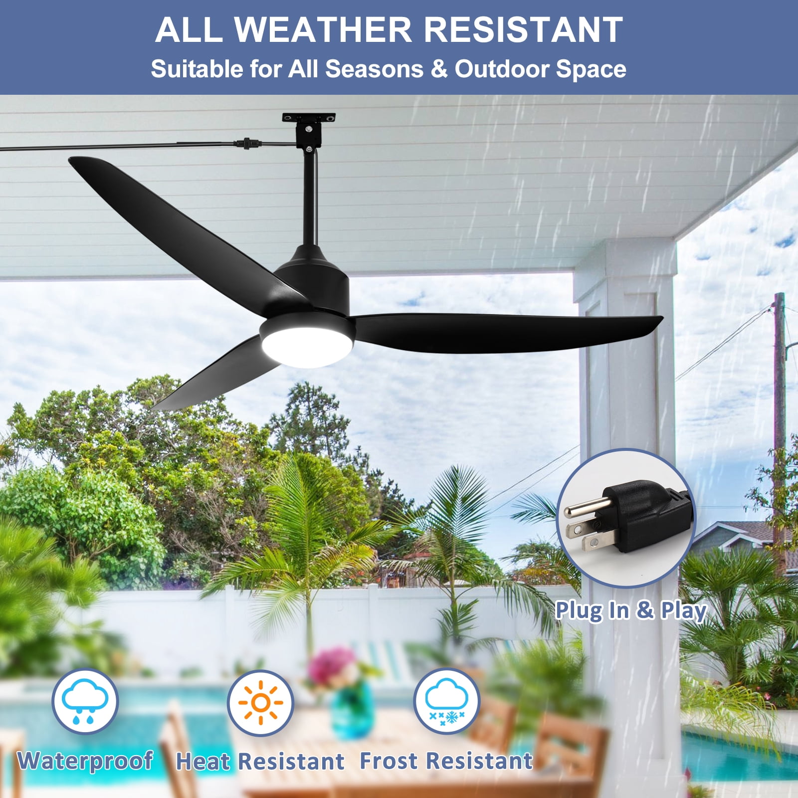 Depuley Waterproof Outdoor Ceiling Fan with Light:52" Black Hanging Fan for Patios, Gazebo - Plug-in Fan with Remote and APP, 3 CCT, 6-Speed