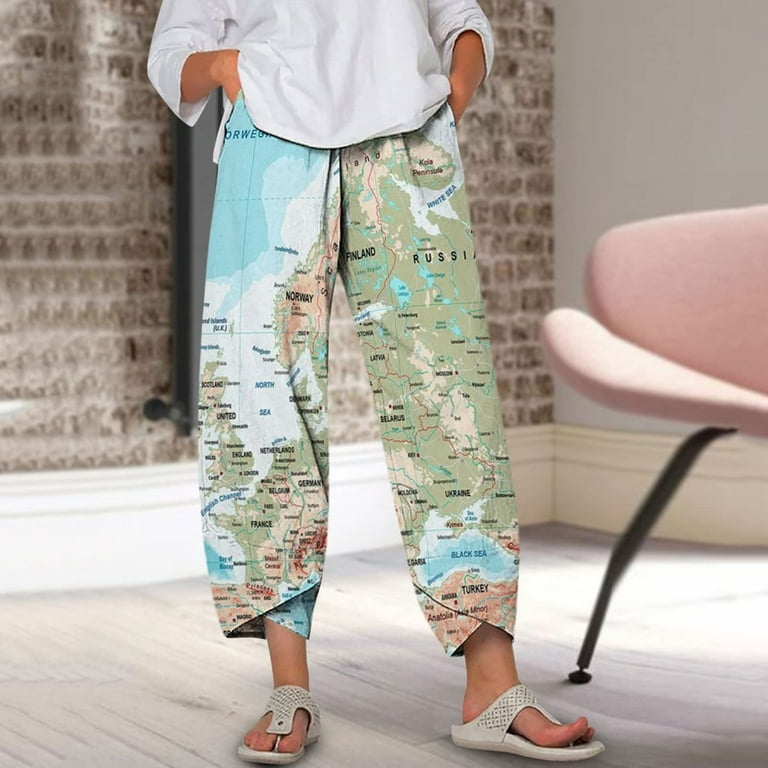 KIHOUT Pants For Women Deals Women's Plus Size Pull on Pants Stretch Casual  Loose-Fit Trousers Printed Elastic Waist Long Pants With Pocket