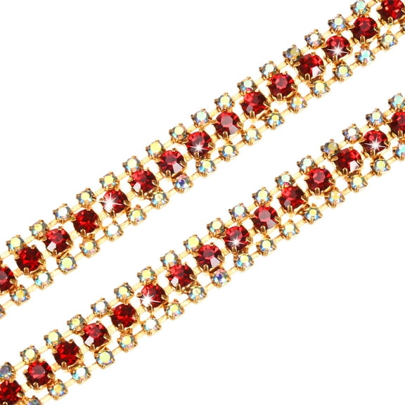 Uxcell 2 Pack Crystal Rhinestone Close Chain Trim 3 Rows 1 Yard Dress Embellishments Gold-Based AB Red