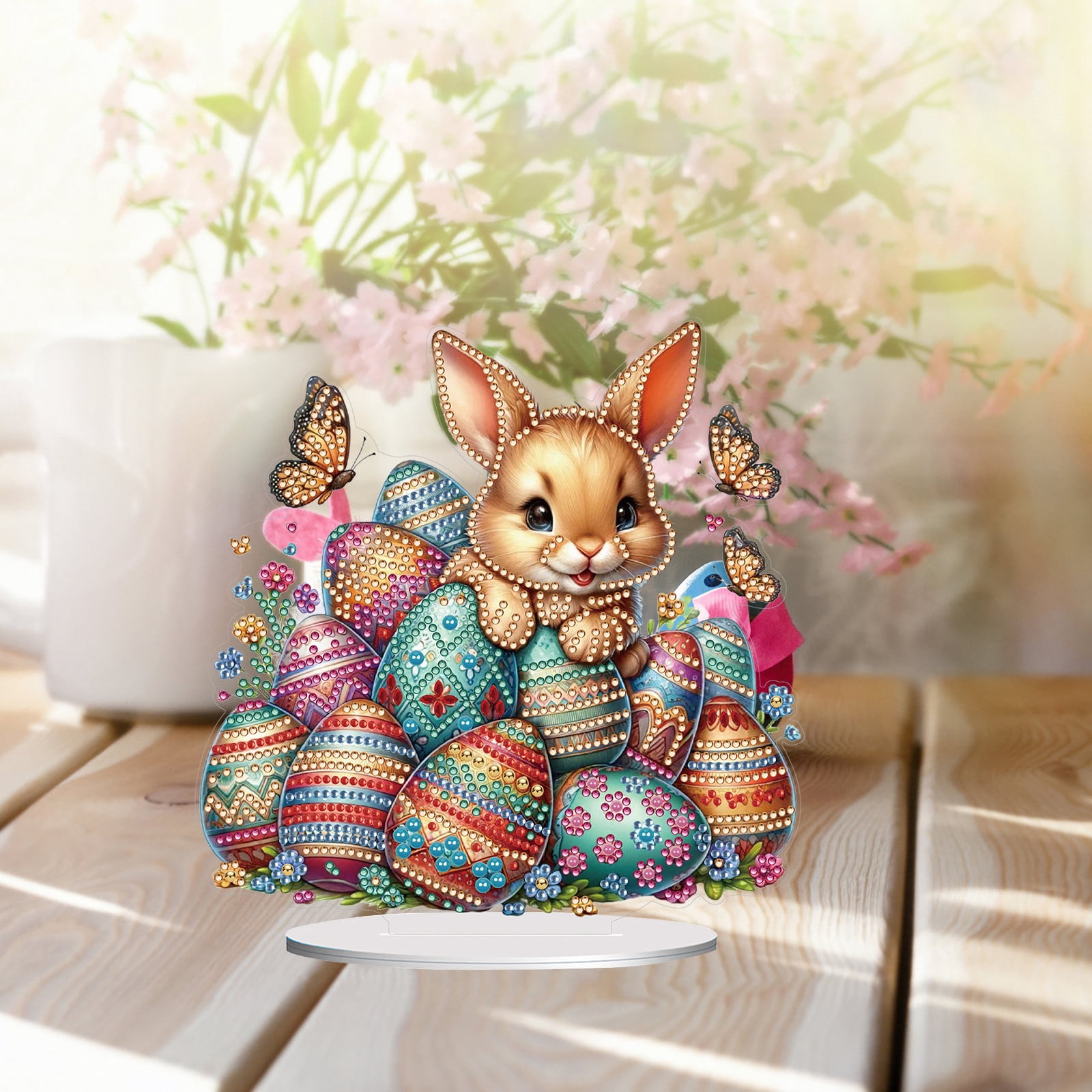 FLOPESN DIY Diamond Art Painting Easter Bunny Ornament Kits with Oval Base, Single-Sided Diamond Painting PET Craft for Home Decor