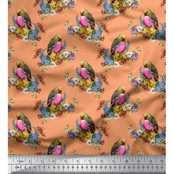 Soimoi Orange Poly Georgette Fabric Leaves,Floral & American Robin Bird Decor Fabric Printed BTY 52 Inch Wide