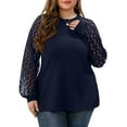 thumbnail image 3 of JWD Plus Size Tops For Women Lace Sleeve Blouse Waffle Knit Long Sleeve Shirts Navy Blue-1X, 3 of 7