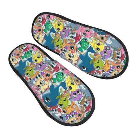

KLL Cartoon Marine Animals Slippers for Women Men House Slip on Indoor Outdoor Bedroom Furry Fleece Lined Ladies Comfy Anti-Skid Rubber Hard Sole-Large