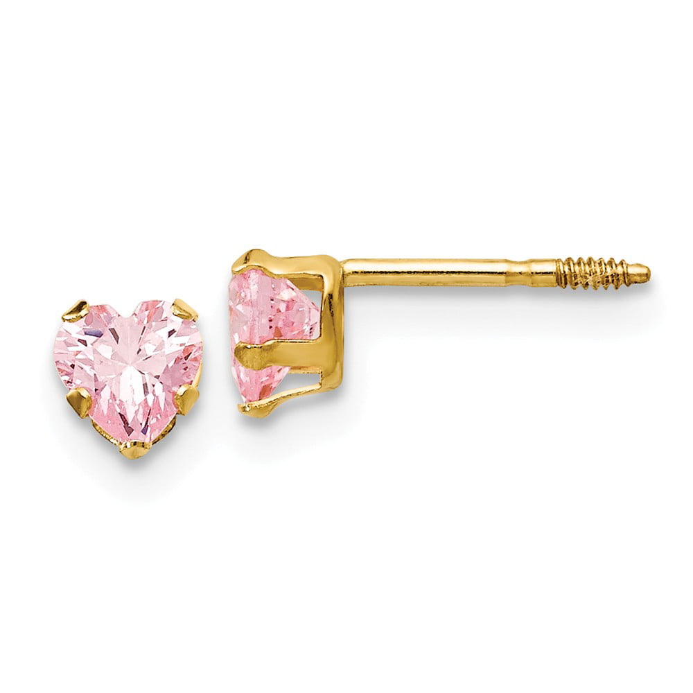 14K Gold Solid Pink Heart Earrings Sparkling Stud Screw Back Usa Seller 