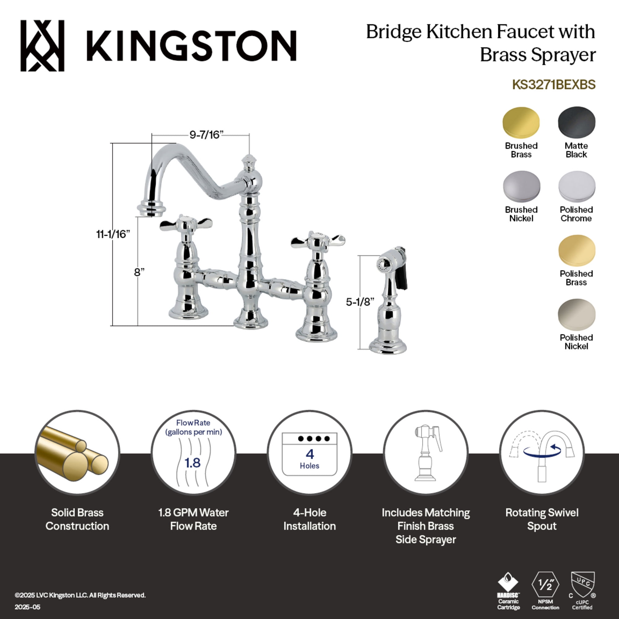 Kingston Brass KS3272BEXBS Essex Two-Handle 4-Hole Deck Mount Bridge Kitchen Faucet with Brass Side Sprayer in Polished Brass