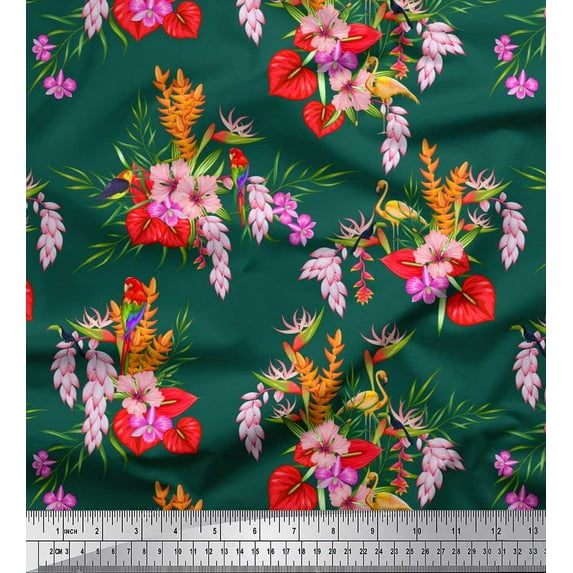 Soimoi Cotton Voile Fabric Floral,Flamingo & Macaw Parrot Bird Printed Craft Fabric by The Yard 56 Inch Wide