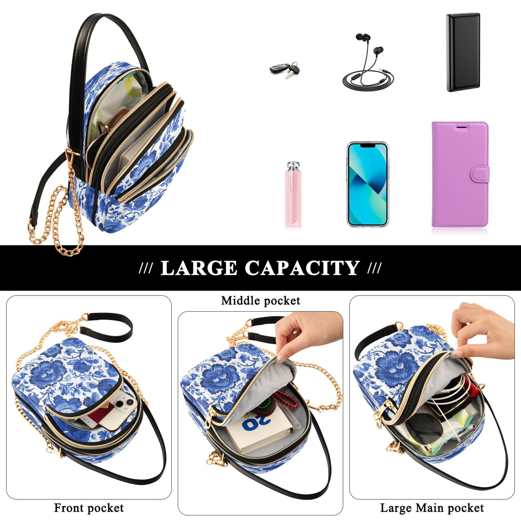 Quilted Women's Crossbody Bag Purses and Handbags with Detachable Leather Strap Blue Floral Pattern