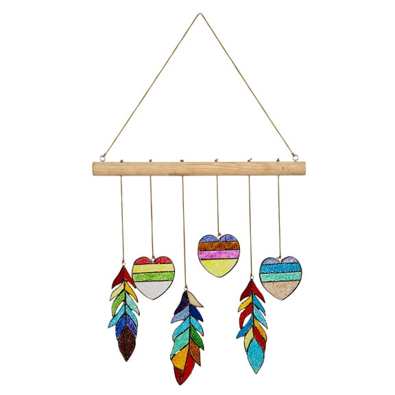 Evergreen Beautiful Stained Glass Heart and Feather Hanging Mobile - 8 x 6 x 10 Inches