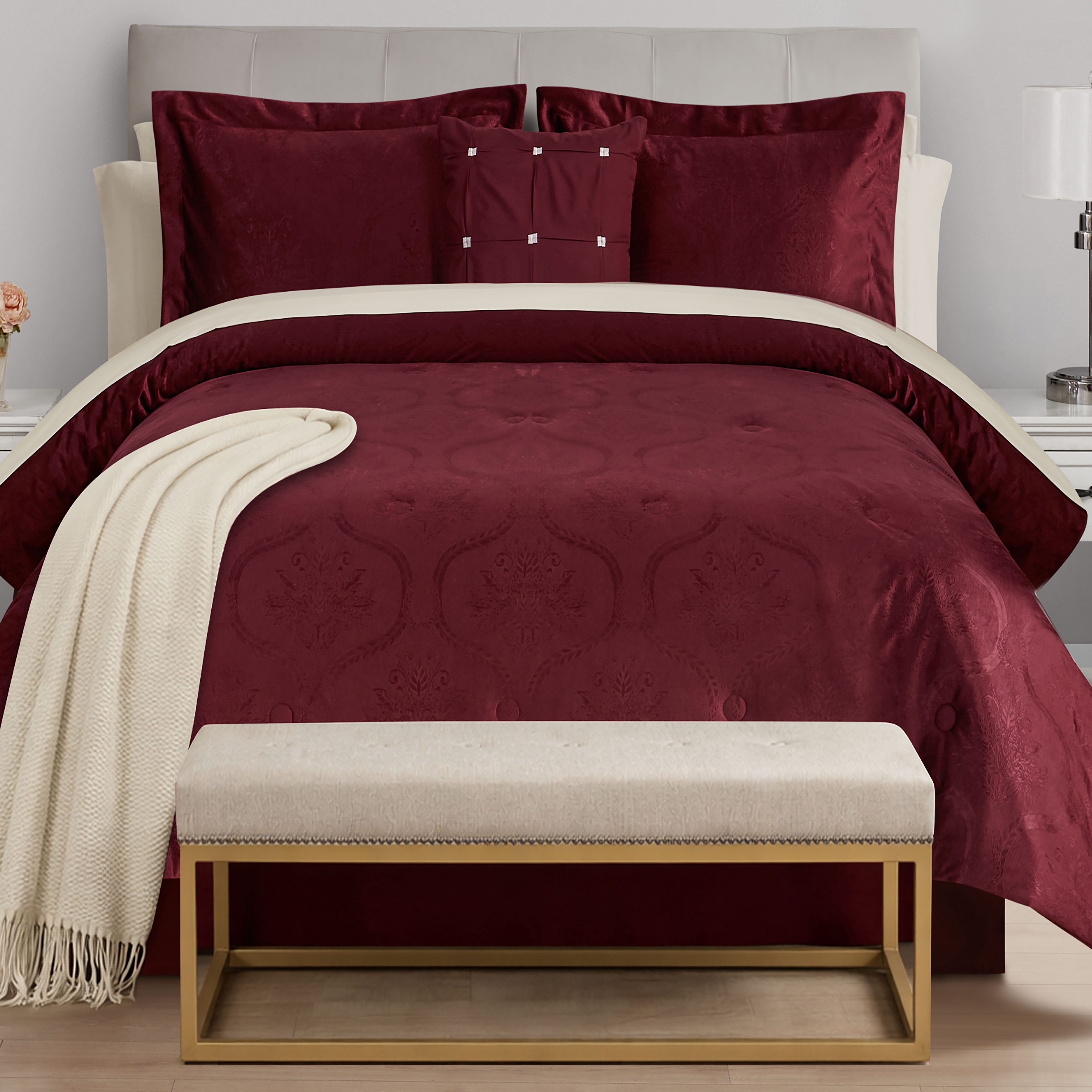 Mainstays All in One Reversible Comforter and Sheet Set- 11 Piece, Full, Red Velvet