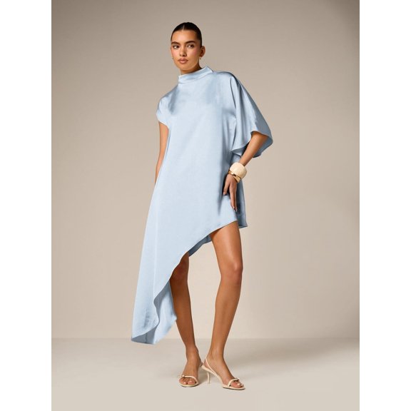 Blue Asymmetrical Drape Mini Dress With High Mock Neck And Short Sleeves Elegant Evening Guest Wear