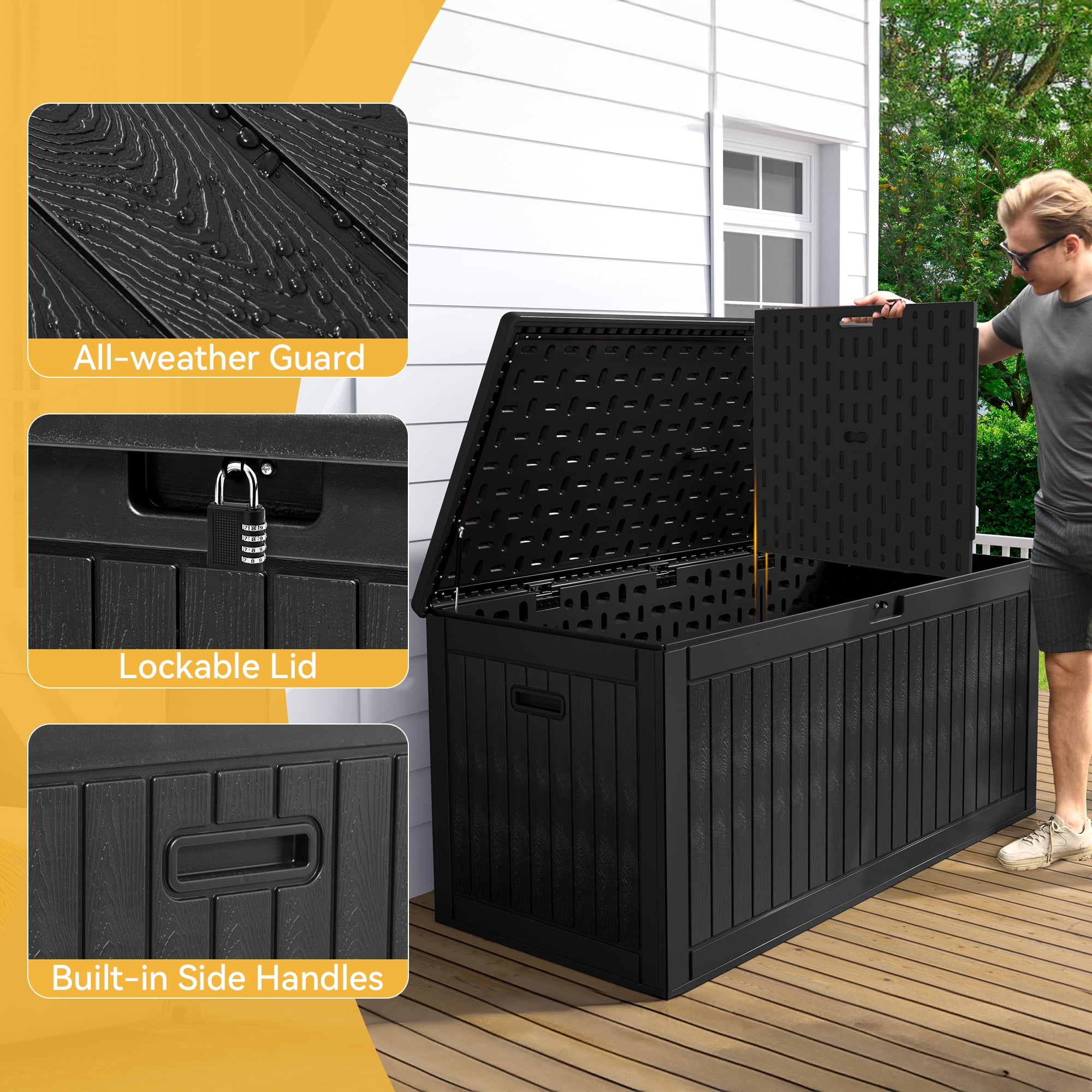 Dextrus 260 Gallon Waterproof Resin Deck Box, Lockable, for Patio Furniture & Garden Tools, Black