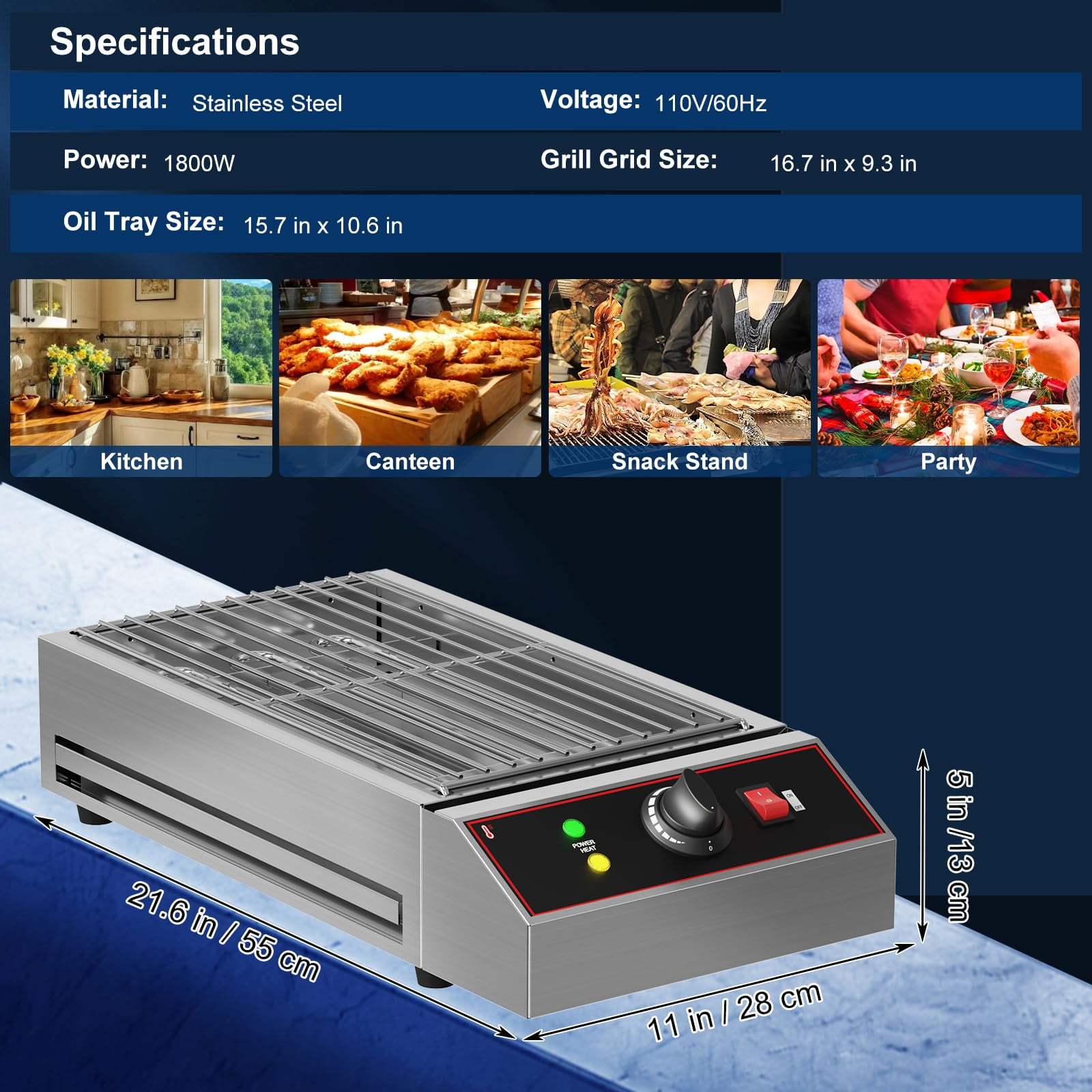 1800W Electric Indoor Grill - Portable Smokeless BBQ Countertop Grill with Removable Griddle, Stainless Steel for Home, Camping, Parties & Picnics