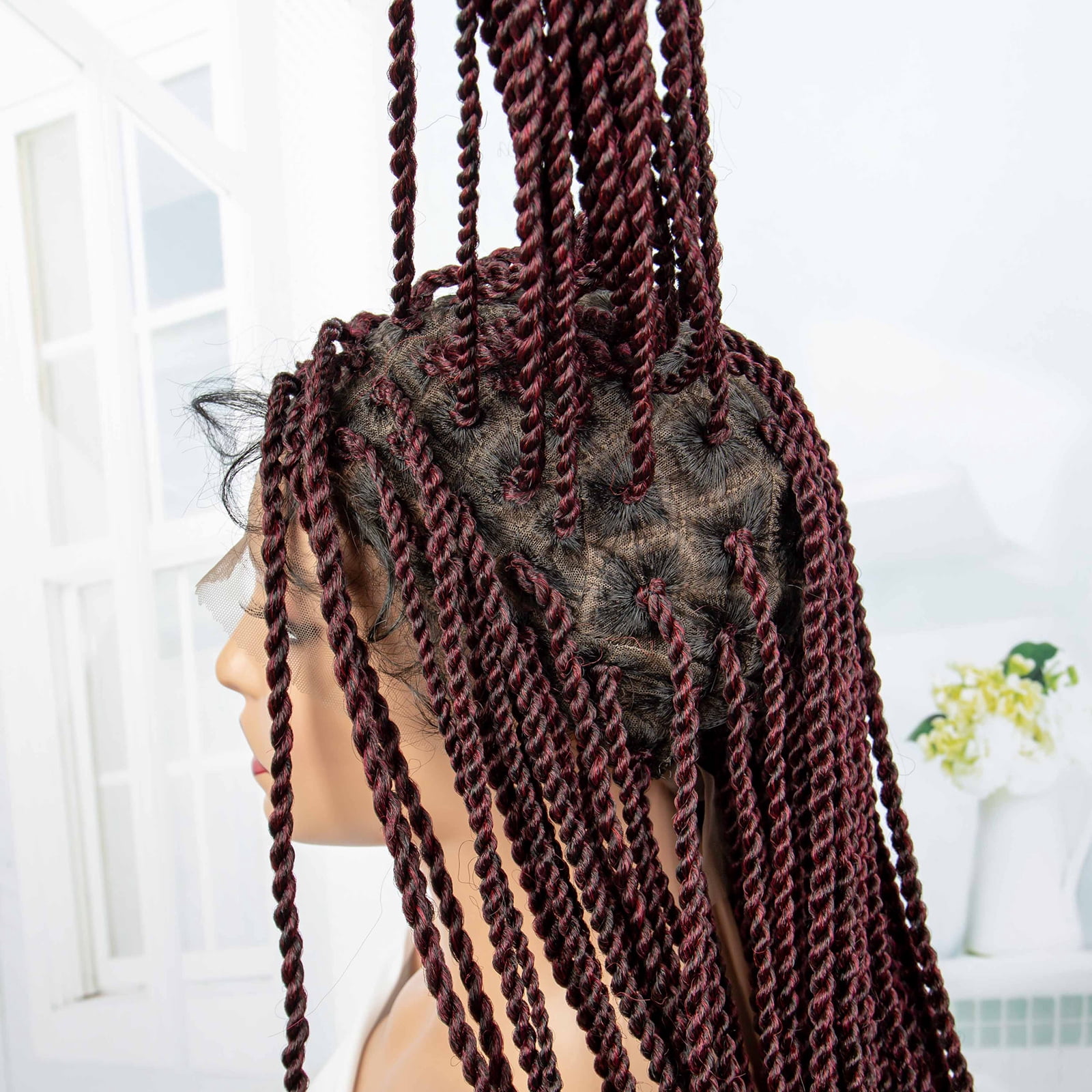 Super Long 40 Inches Twist Braided Wigs Synthetic Full Lace Frontal Wig Knotless Braiding Wigs Pre Plucked with Baby Hair for Black Women 1B/BUG Color
