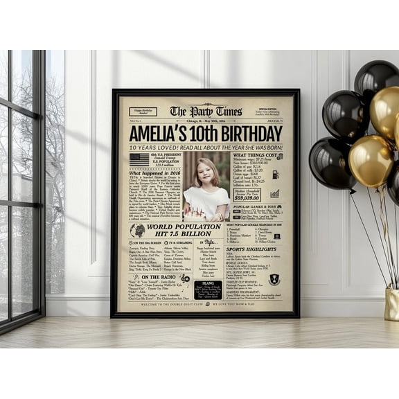 DeliFri 10th Birthday 2016 Newspaper Poster | Personalized Gift for Boys and Girls |