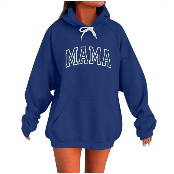 QQAMB Oversized Sweatshirts for Women Mama Letter Printed Drawstring Hoodies Sweatshirts with Pocket Blue L
