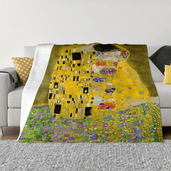 Gustav Klimt "The Kiss" Printed Throw Blanket, Contemporary Style, All-Season Cozy Flannel Knitted, Digital Print Polyester, 200-250g Lightweight Warmth