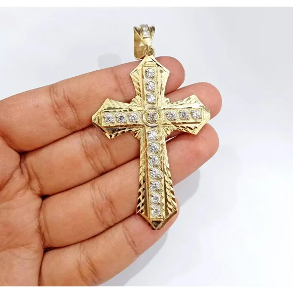 Moissanite Round Cut 2 Ct White Pendant Cross Men's 14K Yellow Gold Plated