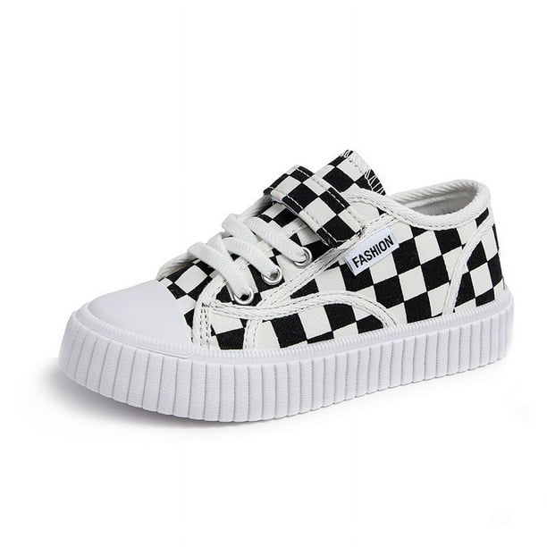 Zapatos de lona a cuadros con tablero de ajedrez en blanco y negro para niños, zapatos casuales para niños y estudiantes, zapatos de tabla para niñas, zapatos de galleta transpirables