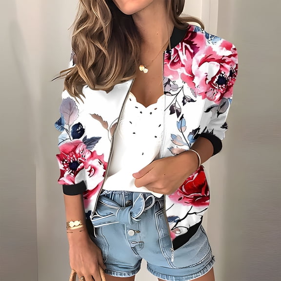 Hvyesh Womens Bomber Jacket 2025,Women Long Sleeve Zip Up Coat Dressy Floral Print Jackets Lightweight Casual Long Sleeve Coats With Pockets Red