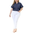 thumbnail image 2 of MODA NOVA Juniors' Plus Workout Tops Chest Pocket Button Down Denim Shirts 1X Black Blue, 2 of 6