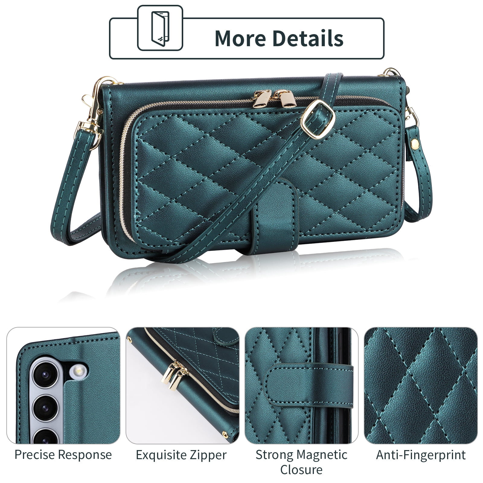 Furiet Argyle Wallet Case for Samsung Galaxy Z Fold 6 5G 2024 with Wrist/Shoulder Strap Card Slot Zipper Purse Luxury PU Leather Stand Cell Phone Cover for ZFold6 Z6 G Fold6 6Z Girls Green