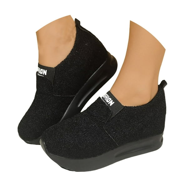 Mepaouo Slip on Casual Shoes for Women Fleece Platform Winter Warm Walking Shoe Sneakers(Black,5.5)