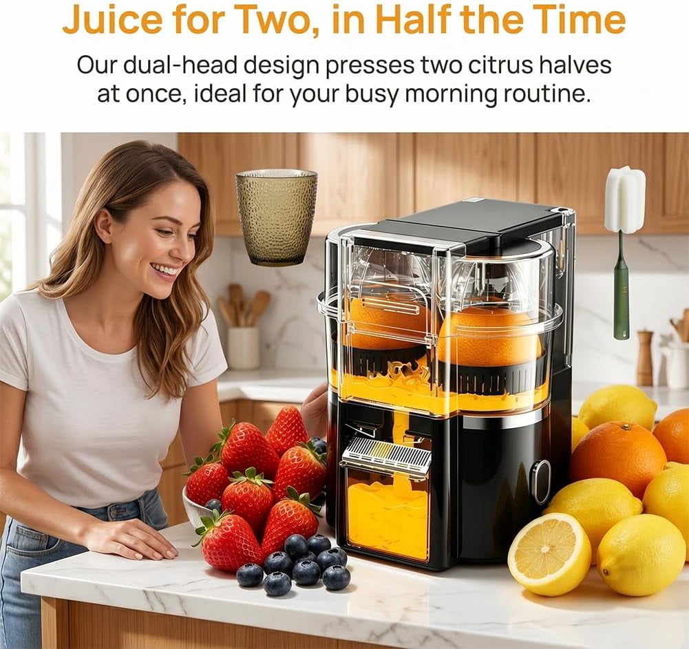 Dual-head Electric Juicer, Dual-head Electric Citrus Juicer, Automatic Duals-Heads Juicers Machine, Built-in Cutter, for Oranges, Lemons, and Limes, Portable and Efficient Juicing Machine (White)