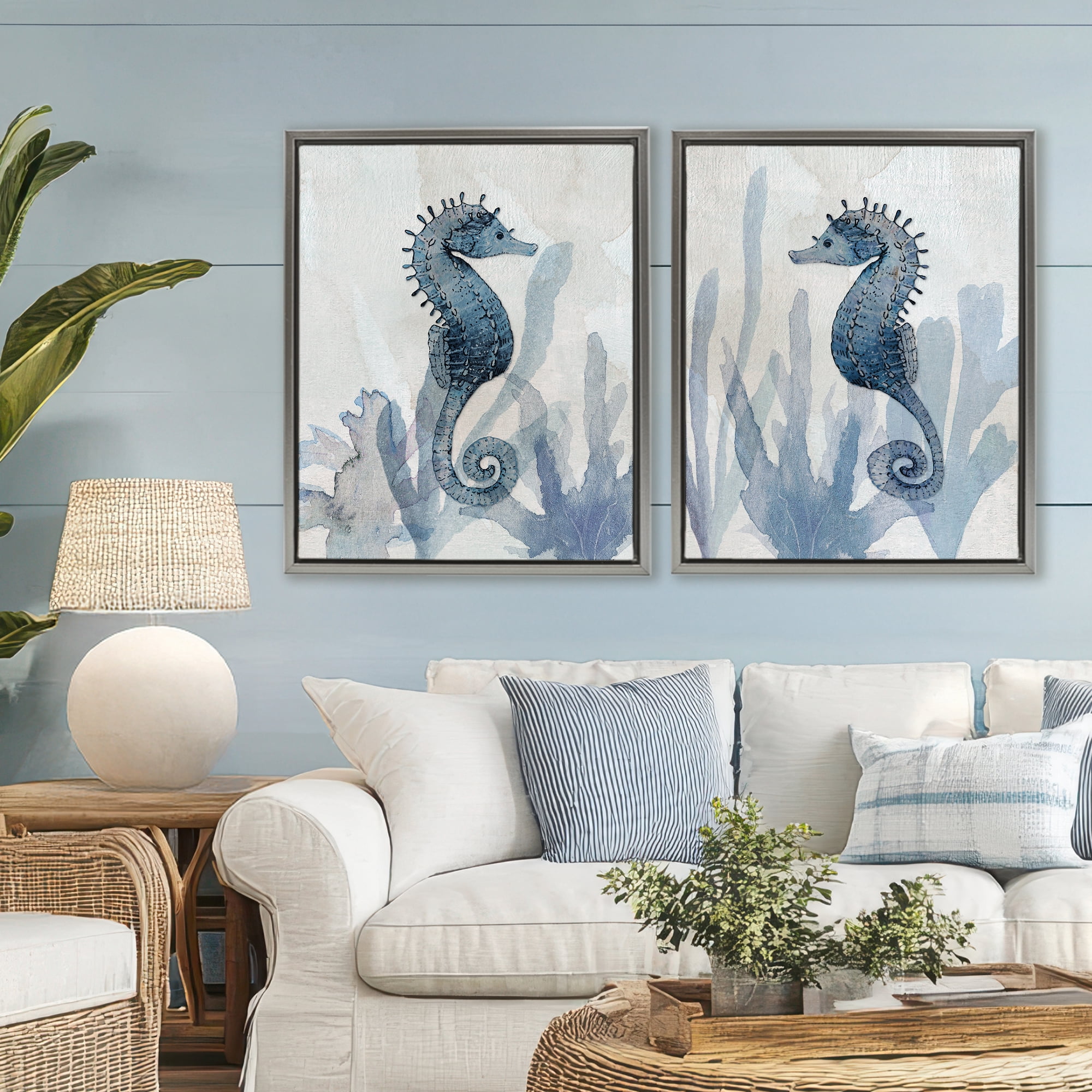 Stupell Industries Impressions of Seahorses 2 Piece Gray Framed Floater Canvas Set, design by Susan Jill