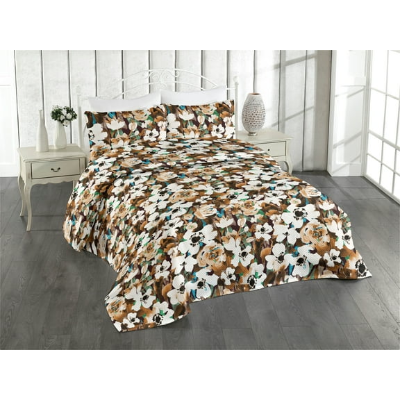 Ambesonne Earthy Flowers Quilted Bedspread Set 3 Pcs, Rose Anemone Detais, King, Ginger Chocolate White