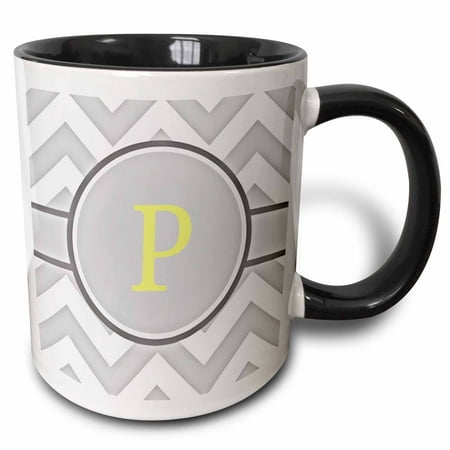 

3dRose Grey and white chevron with yellow monogram initial P - Two Tone Black Mug 11-ounce