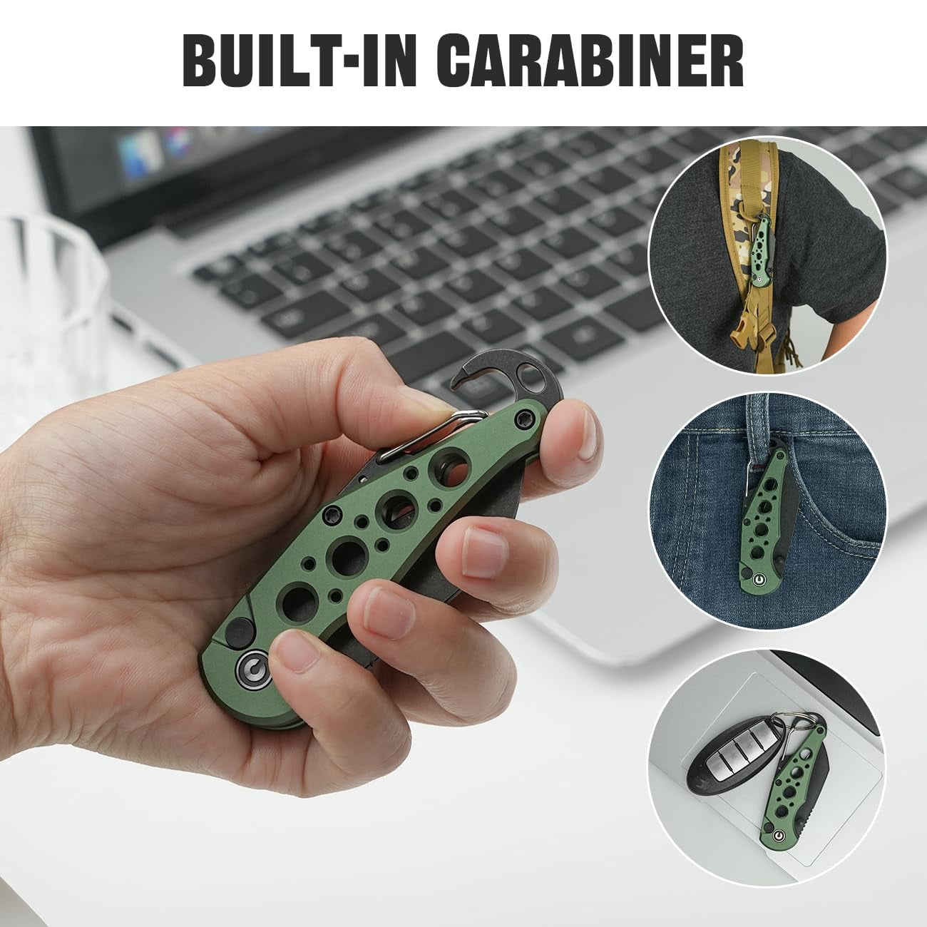 CIVIVI Pragma Folding Knife, Pocket Knife Multitool with Carabiner, Bottle Opener, 2.2" Nitro-V Blade Aluminum Handle C23062B-3 (Green)