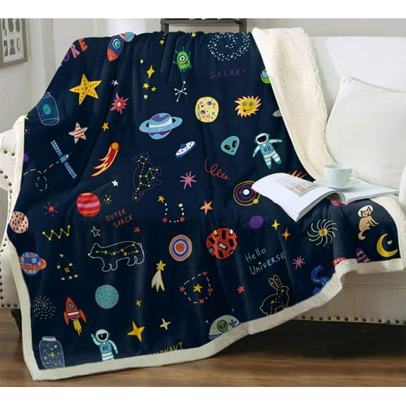 Space Adventure Astronaut Planet Rocket Spacecraft Throw Blanket Soft Lightweight Flannel Fleece Blanket for Baby Kids Youth Adult (Space, 50"x60")