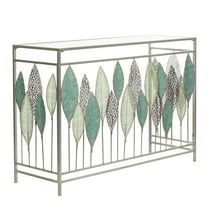 DecMode Silver Contemporary Rectangular Metal Console Table with Green Leaves Sculpture, 44"W x 30"H