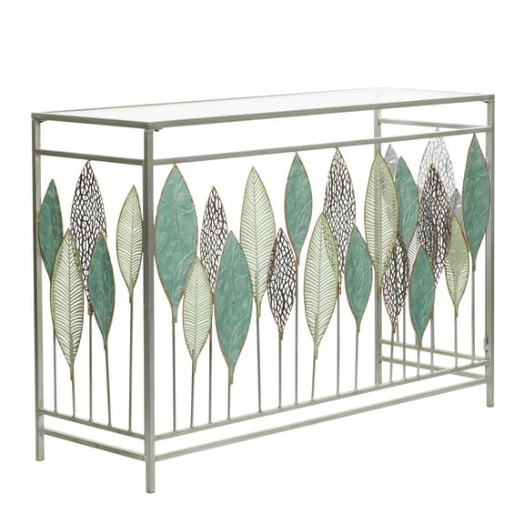 DecMode Silver Contemporary Rectangular Metal Console Table with Green Leaves Sculpture, 44"W x 30"H