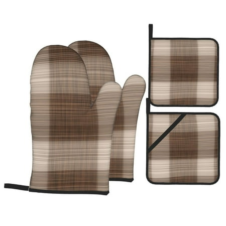 

YFYANG Oven Mitts and Pot Holders Sets 4 Pieces Non-Slip Heat Resistant Brown Abstract Plaid Stripe Kitchen Glove Pot Mat for Cooking and Baking