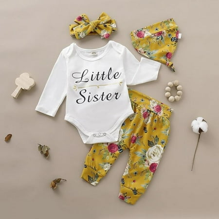 

Oaktree Newborn Baby Girls Tops Clothes Letter Print Little Sister Romper+Flower Printed Pants+Headband