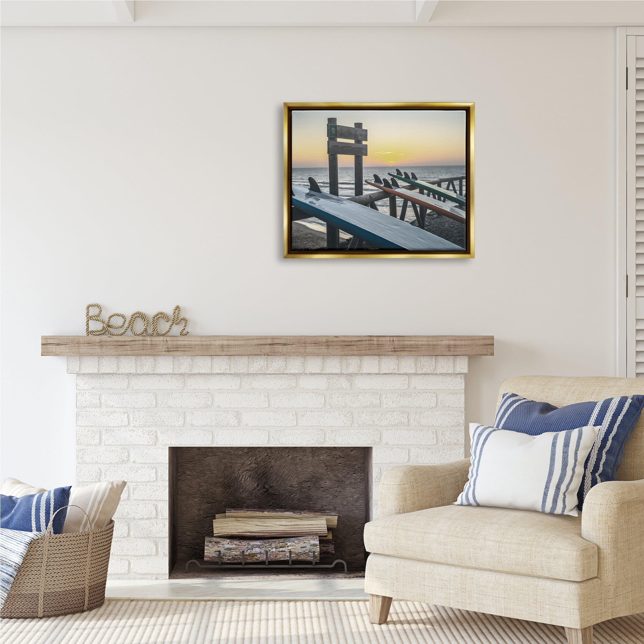 Stupell Industries Leaning Surfboards by Beach Nature Photography Gold Floater Framed Art Print Wall Art, 31 x 25