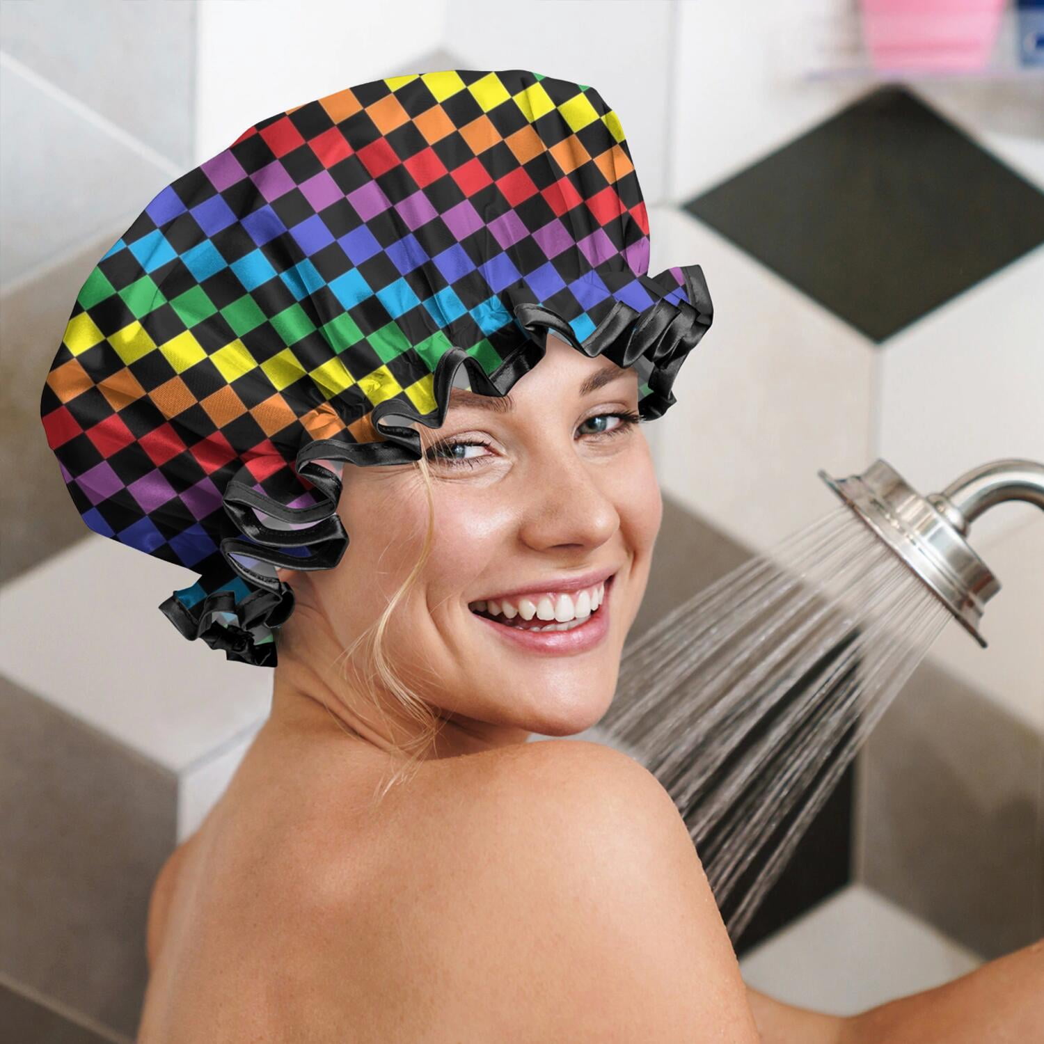 Shower Caps,Colorful Rainbow Checkered Pattern Waterproof Shower Cap for Women 4 Pieces,Double Reusable Hair Cover for Shower PEVA Elastic Stretch Hem