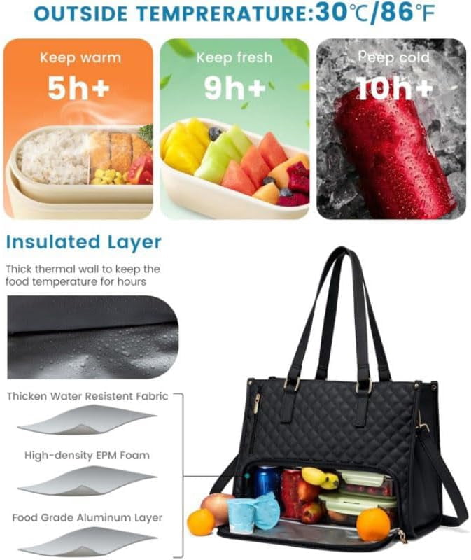 3 In 1 Tote Bag With Lunch Compartment,15.6 Inch Tote Bags with Lunch Compartment, Lunch Bag Women Insulated, for Work Travel (Black)