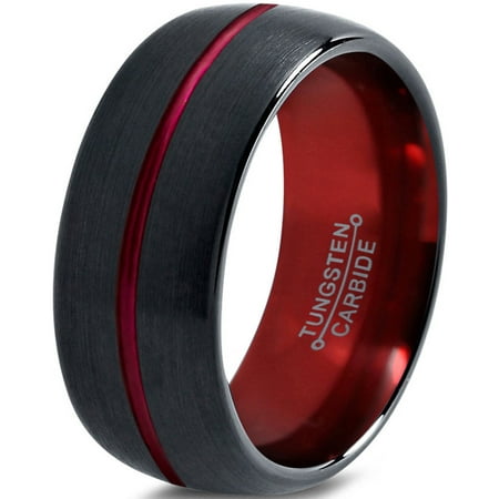 Domed Hammered Wedding Band (Tungsten Wedding Band Ring 10mm for Men Women Red Black Domed Brushed Polished Center Line Lifetime)