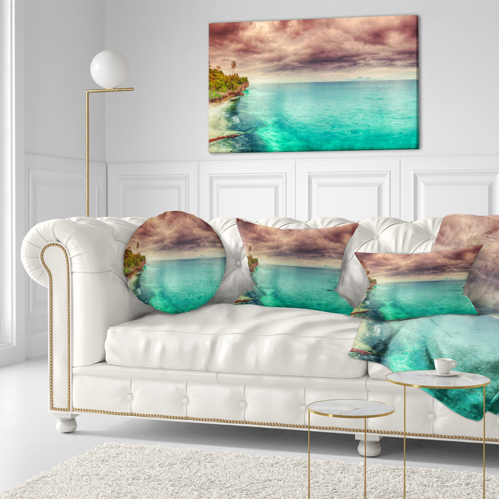 Designart Green Sunset Panorama View - Seascape Photography Throw Pillow - 12x20