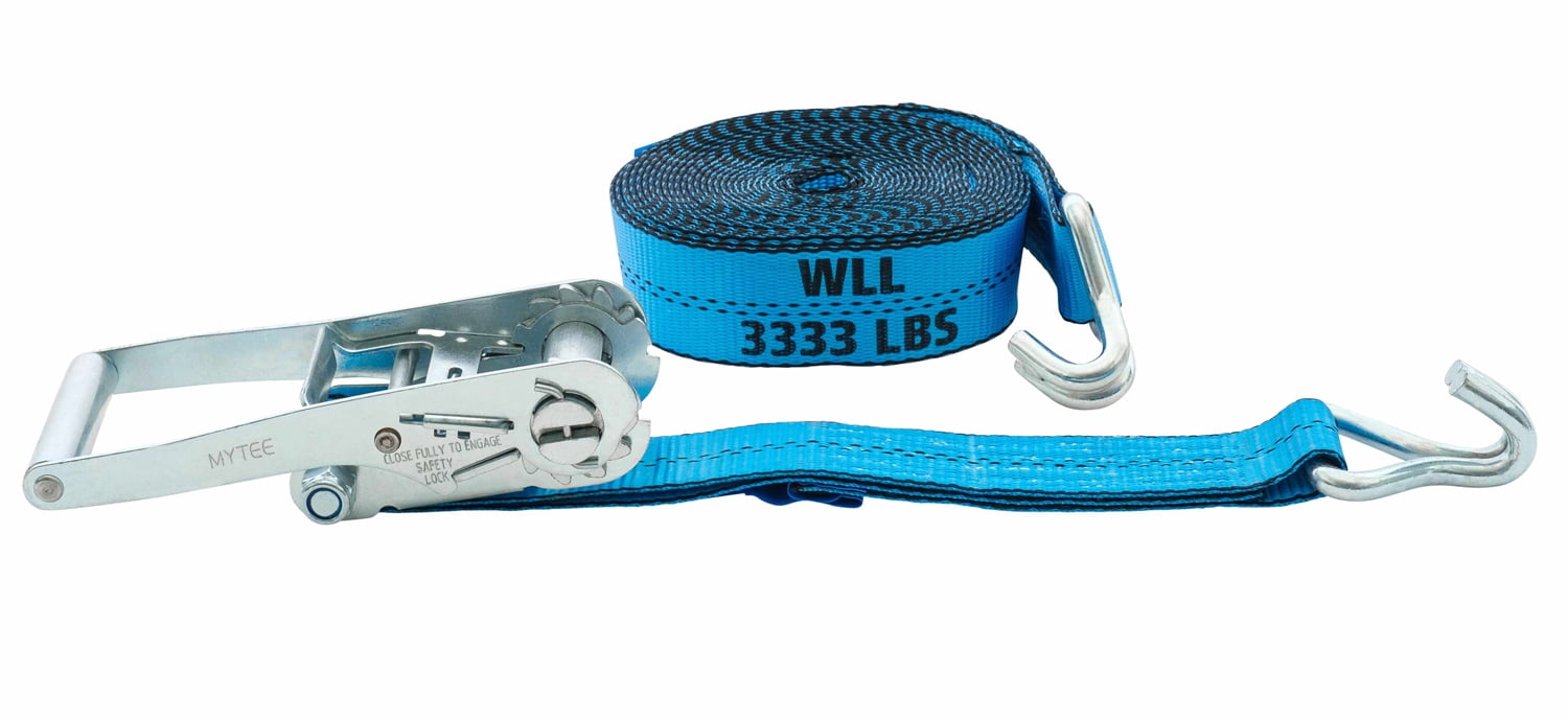 Mytee Products (10 Pack) 2 Inch x 27 FT Blue Ratchet Strap with J Hooks - 10,000 Lbs Breaking Strength - Heavy Duty Tie Down Cargo Truck Straps with Wire Hooks for Flatbed, Truck, Trailers Pickup