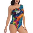 thumbnail image 3 of Uemuo Vibrant Rainbow Parrot Fantasy Print Women's One Piece Swimsuit Asymmetrical Neck Bathing Suit One Shoulder Side Cutout Ruffle Swimwear-XX-Large, 3 of 6